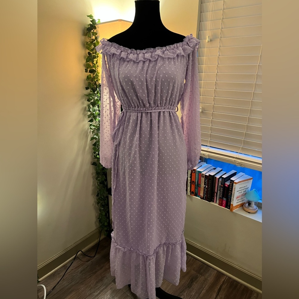 SHEIN Off Shoulder Ruffle Trim Swiss Dot Dress.